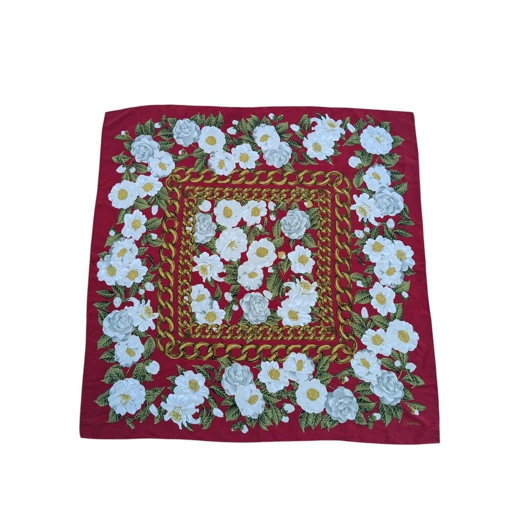 Vintage 90’s CHANEL Red 100% Silk Scarf White Floral Chain Print Logo 34" × 34” - Picture 2 of 9